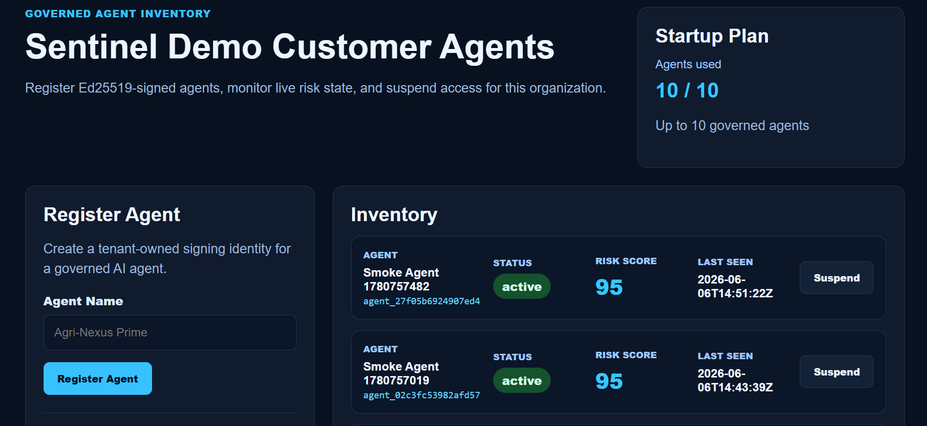 Sentinel SCA customer governance dashboard showing agents, audit, billing, evidence export, and organization controls